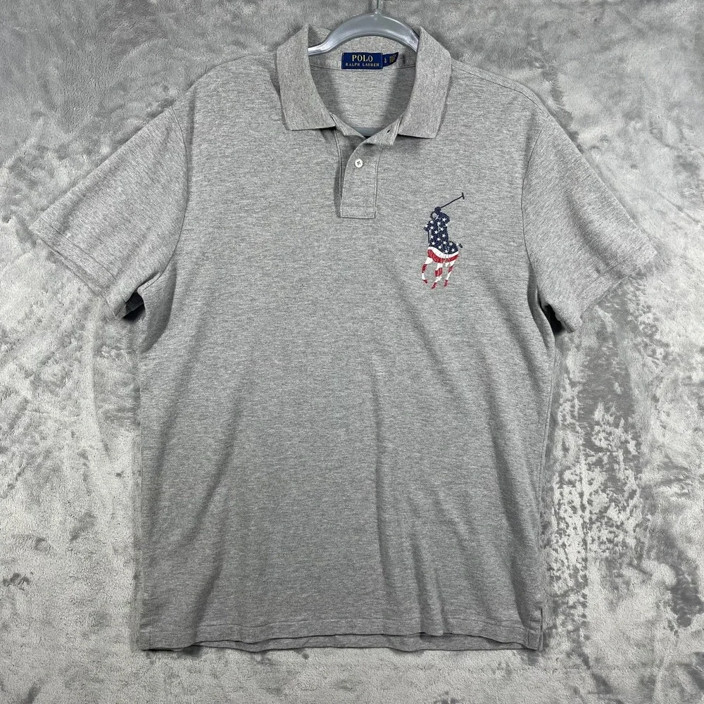 Polo Ralph Lauren Gray Short Sleeve Polo Shirt American Big Pony Size Mens L
